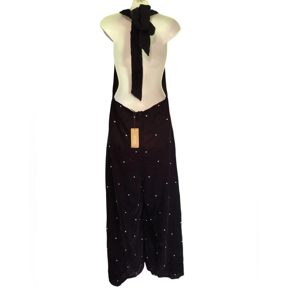 Nasty Gal velvet halterneck Jumpsuit Diamante Wide Leg  Size‎ 10 - Picture 4 of 9